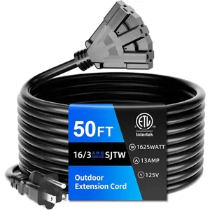 50 FT 3 Outlet Outdoor Extension Cord , 16/3 SJTW Black Extension Cord with Multiple Outlets, Heavy Duty 16 Gauge 3-Prong Grounded Power  for Garden and  Use, ETL Listed