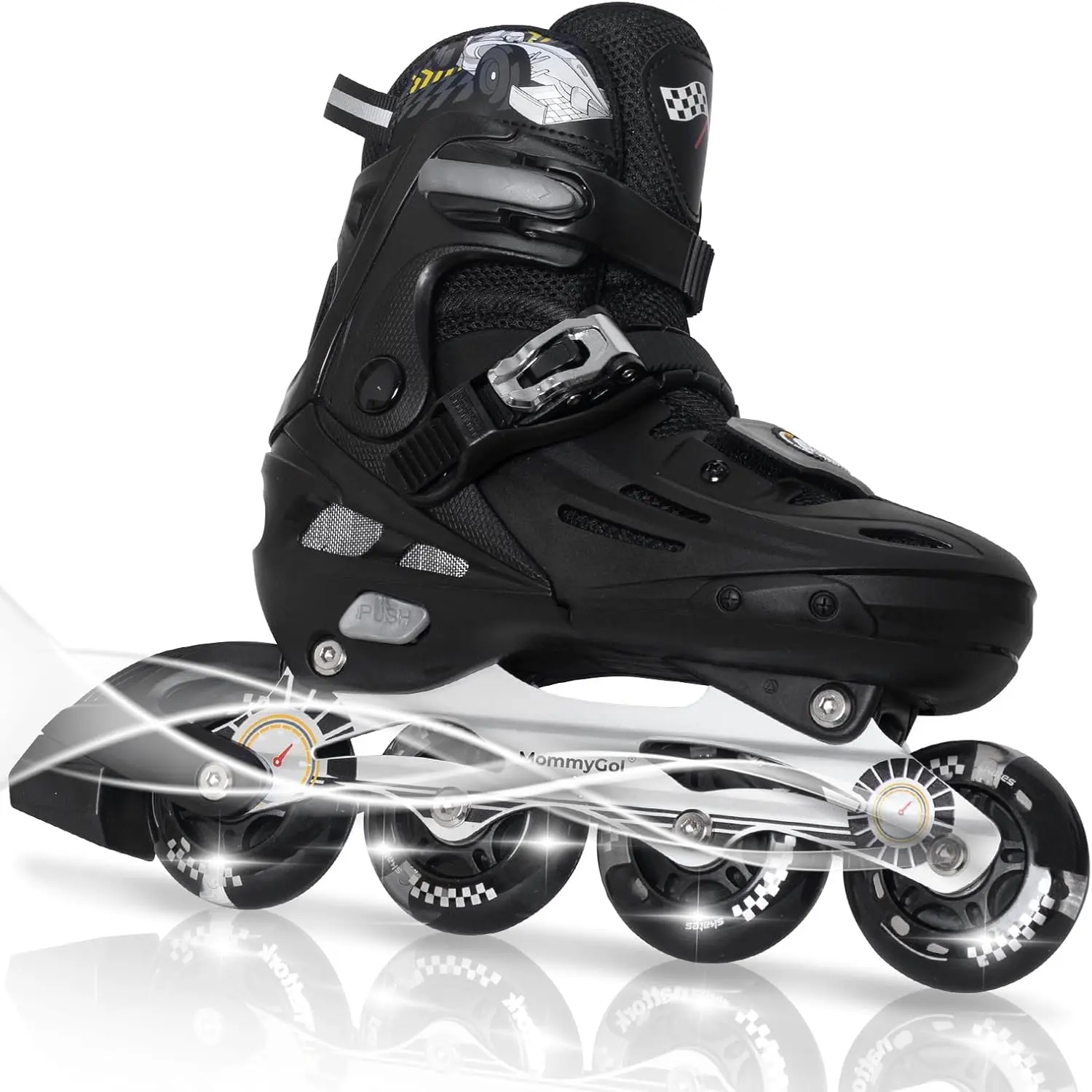 Kids' Inline Skates with Race Car Look, 4 Adjustable Sizes via Push-Button Fit, Flashing PU Wheels, EVA Comfort Liner & ABEC-7 Bearings for Youth Beginners, 4 Size Adjustable, Unisex Youth, Ethylene Vinyl Acetate, Carbon Steel, Inline Skate Wheel, Race Ca