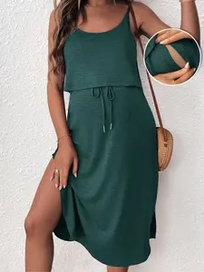 MOMSY Maternity Summer Casual Solid Color Side Slit Nursing Cami Dress