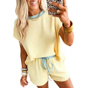 Asvivid Womens Soft Ribbed  Two Piece Sets Color Block Trim Tops Casual Short with Pocket Womenswear 2 PCS Set Summer Vacation Outfits