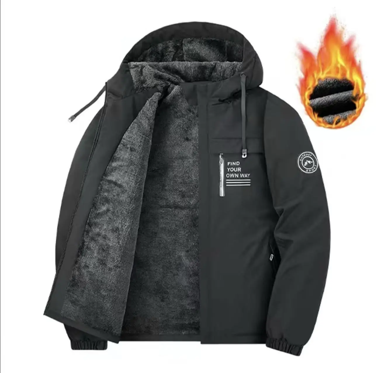Men’s thickened fleece hooded jacket — windproof, waterproof, insulated casual sports outerwear suitable for outdoor activities and cold weather; machine washable. Thickened, comfortable winter padded jacket; Western men’s clothing.