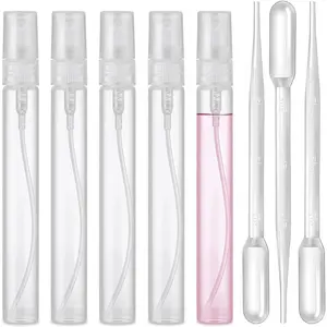 Mini Spray Bottle, 5 count 10ml Perfume Bottle Empty with 3 count Transfer Pipettes, Fine Mist Refillable Perfume Atomizer, Small Empty Sample Containers, Plastic Portable Travel Bottle - Clear