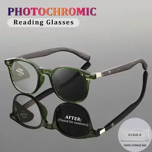 New Photochromic Reading Glasses, Anti-Blue Light, Correction, Uv400 Protection, Retro Round Frame with Dual Rivet Decorations, Resin