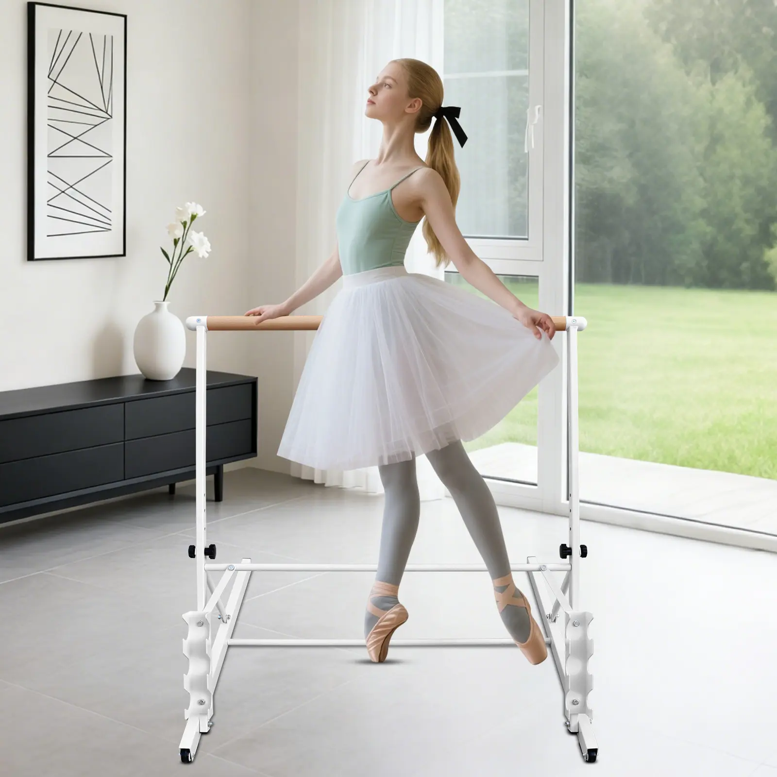 SAVEYOUR Portable Wood Ballet Barre, 41.3" Length Adjustable Freestanding Bar with Triangular Base for Unisex Dance Fitness, Solid Wood