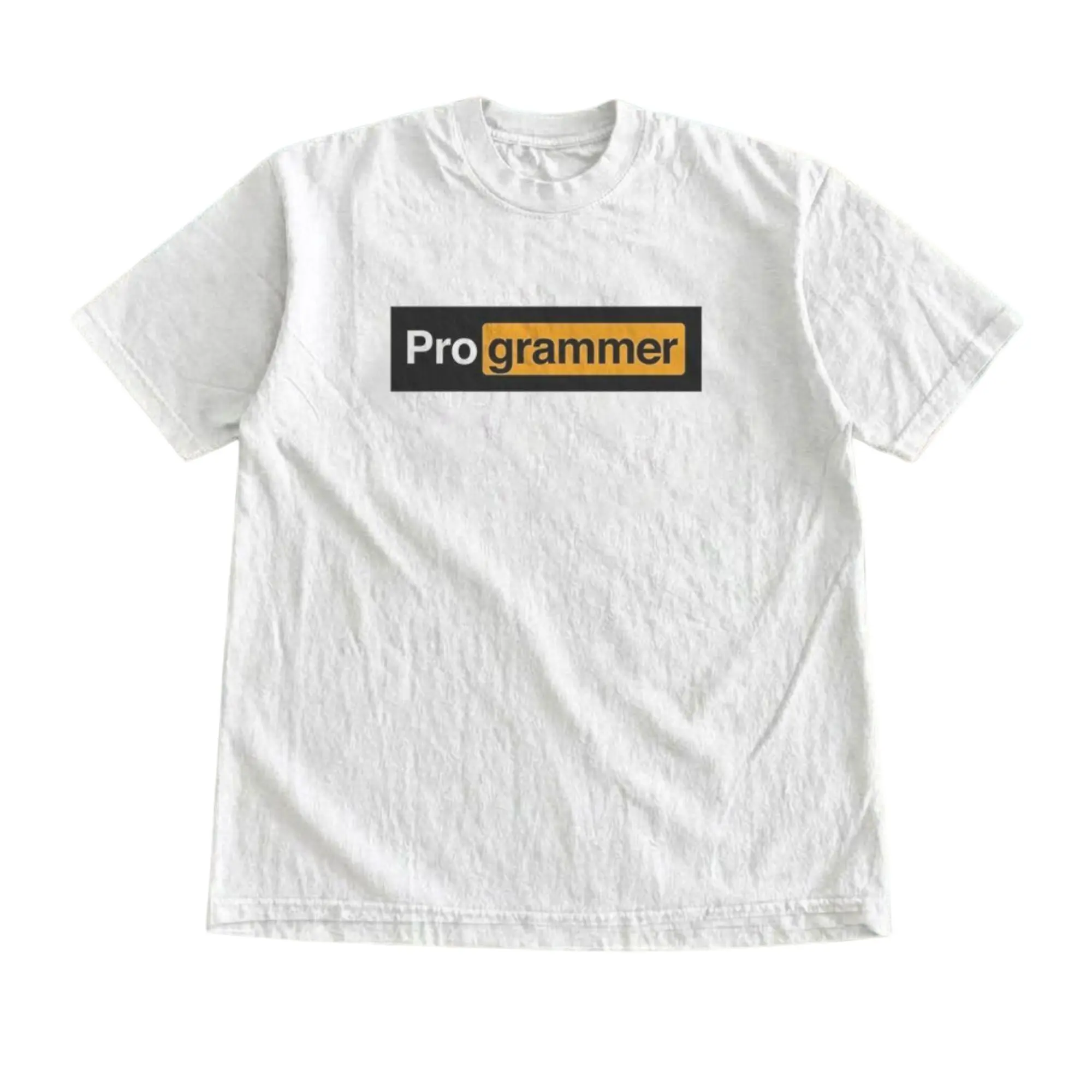 Programmer Parody Funny Tech IT Graphic T-Shirt, Minimalist Orange and Black Box Coding Typography Print, Unisex White Heavyweight Streetwear Tee, Software Engineer Gift