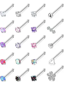20 Pcs Hypoallergenic 20G Nose Rings for Women Men Cubic Zirconia Stainless Steel Nose Studs Set Labret Lip Nostril Piercing Jewelry Multicolor 2mm L Shaped Straight Screw