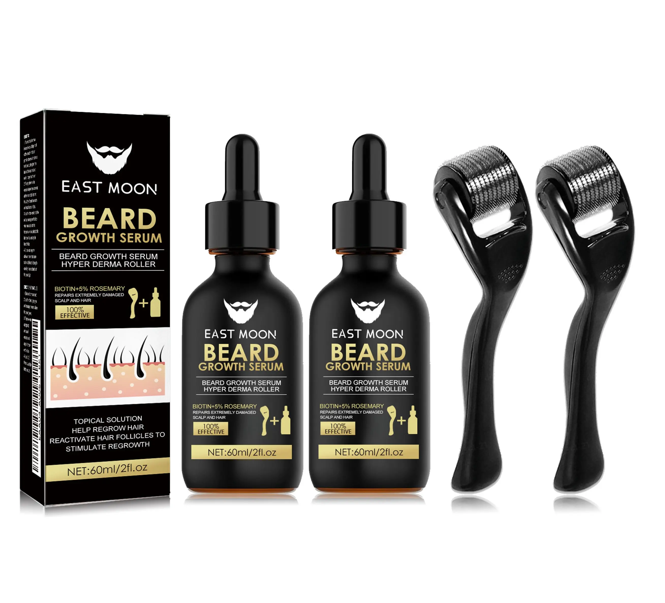 EASTMOON Buy One Get One Free! Beard Growth Serum & Beard Massage Derma Roller Kit, Beard Care Nutritional Oil, Making Beard Thicker and More Shiny, Daily Beard Care Essentials for Men, Father's Day Gift