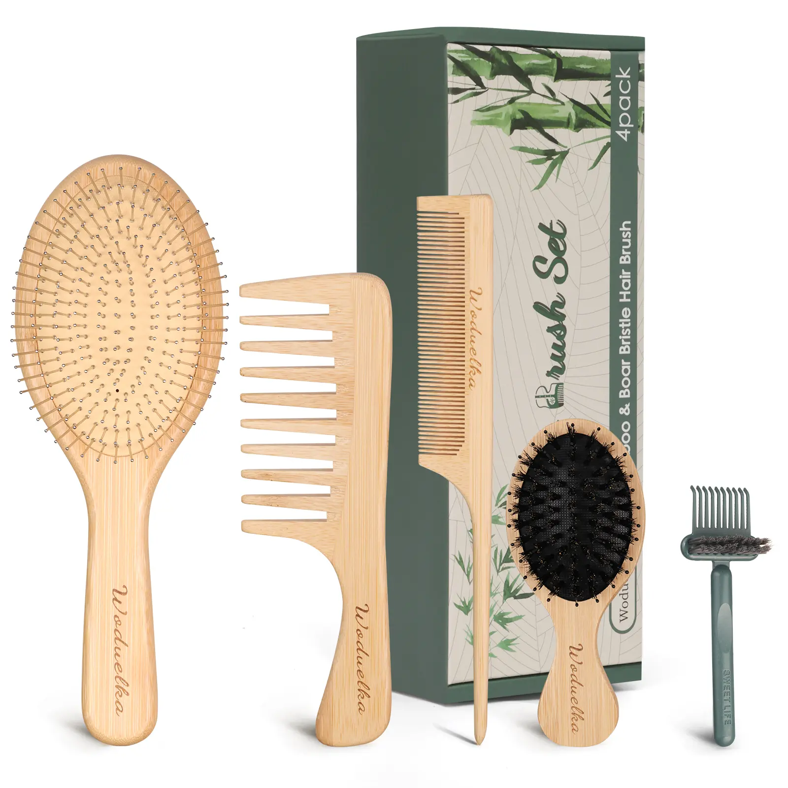 Woduelka Bamboo Hair Brush Set – Bamboo Comb Set for Hair Growth, Metal Bristle Paddle Detangling Hairbrush, Wide Tooth & Tail Tooth Comb and Mini Boar Bristle Travel Hairbrush, Brush Cleaner Included