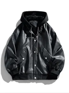 Men's Faux Two-Piece Hooded Leather Jacket, Casual Inner Layer Design, Stylish Outerwear for Everyday Wear, Trendy Fashionable Look, Coats