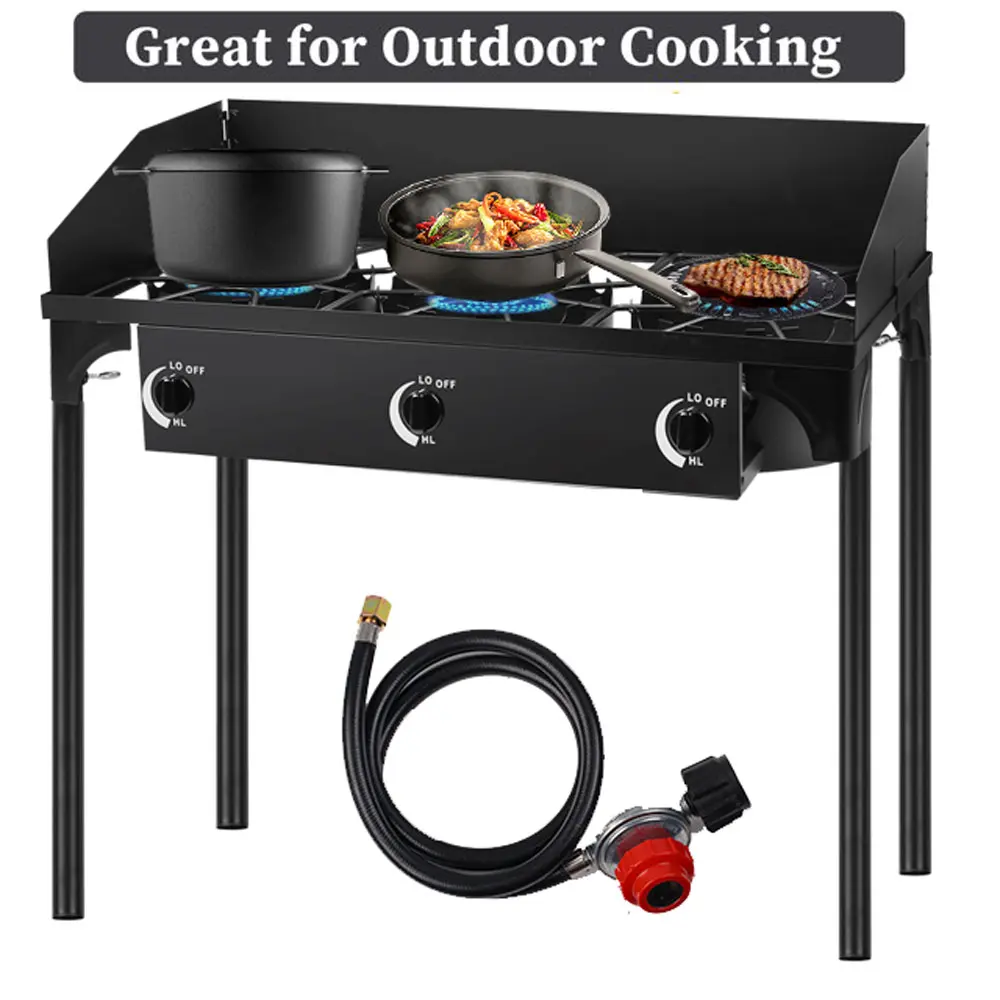 150,000 BTU Portable 3-Burner Propane Gas Stove with Regulator, Windpanel, Carrying Bag - Powerful Stand Outdoor Cooker for Barbecue, Outdoor BBQ