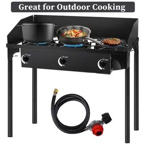 3 Burner Outdoor Propane Gas Stove with Regulator, Windpanel & Carrying Bag, 150,000 BTU Powerful Stand Cooker for Backyard Cooking Camping Home Brewing Canning Turkey Frying