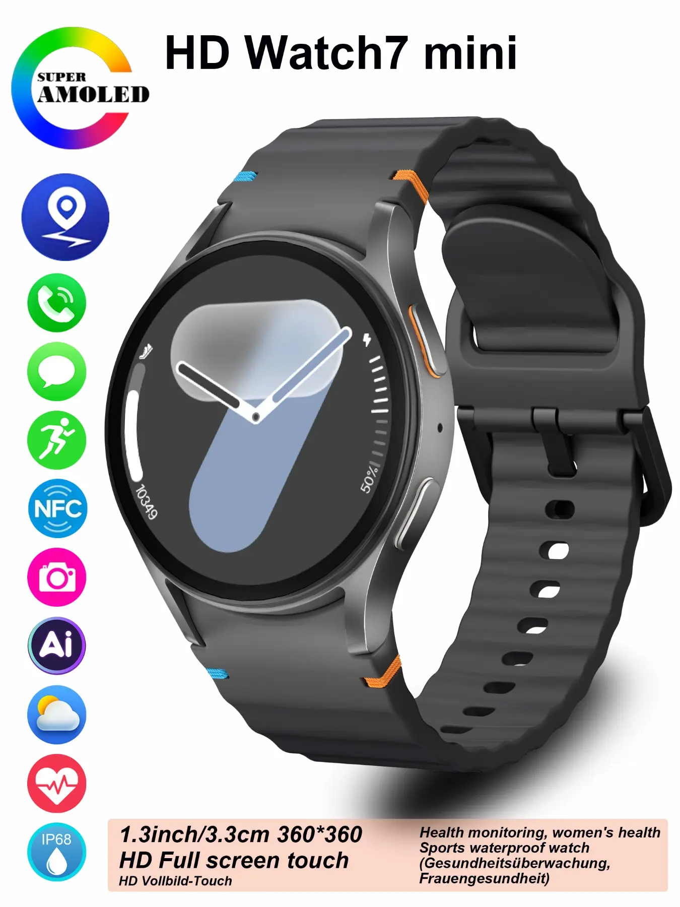 HD Watch7 mini smart watch, Step tracker watch, wireless calling, heart rate, step counting, sleep monitoring, outdoor triple-proof health watch, 1.32-inch HD full touchscreen zinc alloy round dial, unisex, Smartwatch with calls