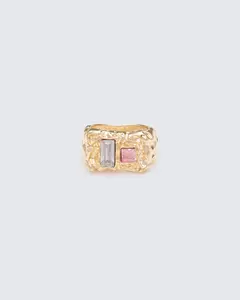 Molten Gold-Tone Statement Ring, Chunky Wide Band with Pink and Purple Rectangular Gems, Unisex Gemstone Aesthetic