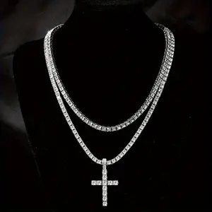 Compatible with popular hip-hop eco-friendly zinc alloy rhinestone cross pendant necklace with 4mm single row diamond tennis chain.Energy Bracelet Daily Wear Jewelry Crystal Jewelry Self Love Gift Positive Energy