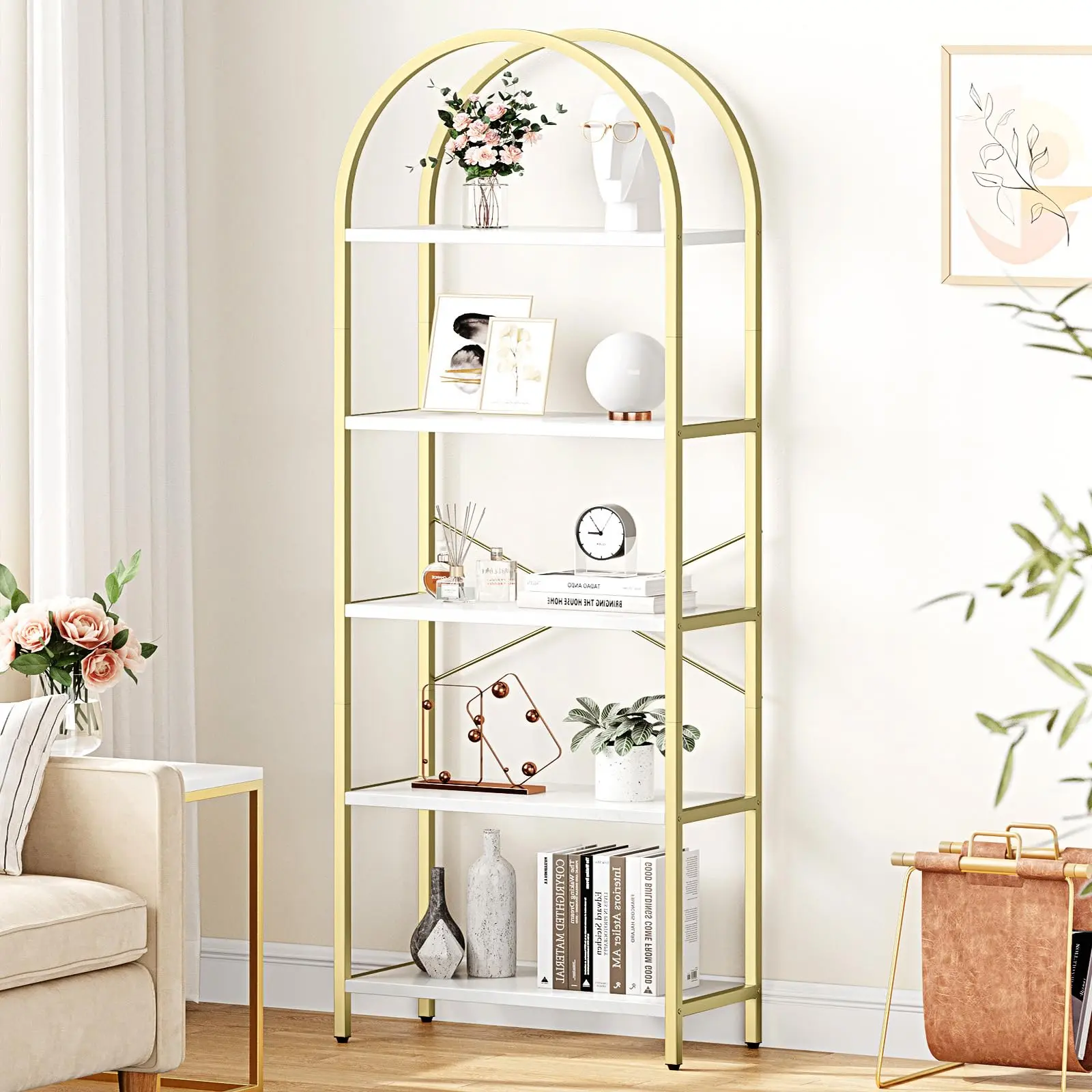 5-Tier White + Gold Arched Bookshelf - Modern Metal Frame Wood Storage Shelves with Easy Installation, Adjustable Smooth Shelves, Tall Standing Display Rack for Bedroom, Balcony, Home Office