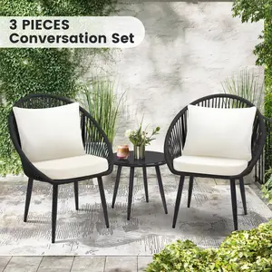 3-Piece All-Weather Outdoor Bistro Furniture Set – Comfortable Cushioned Rope Woven Chairs & Side Table, Great for Poolside, Balcony & Backyard, Black summervibes