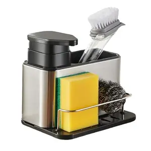 3-in-1 Soap Dispenser with Sponge Holder etergente Detergente Dispensador for Kitchen & Bathroom Sink, Stainless Steel Sink Caddy Organizer with Dish Brush and Scrubber