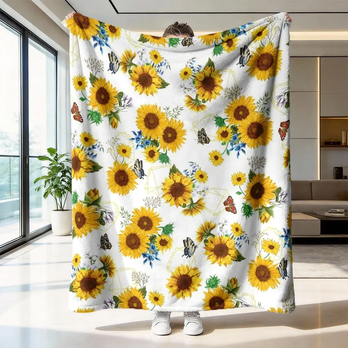 Sunflower Field Flannel Print Blanket, Soft Skin-Friendly Warm Blanket, Fresh Plant Decorative Cover, Multi-Use Home Blanket, Multifunctional Blanket, Machine Washable Blanket