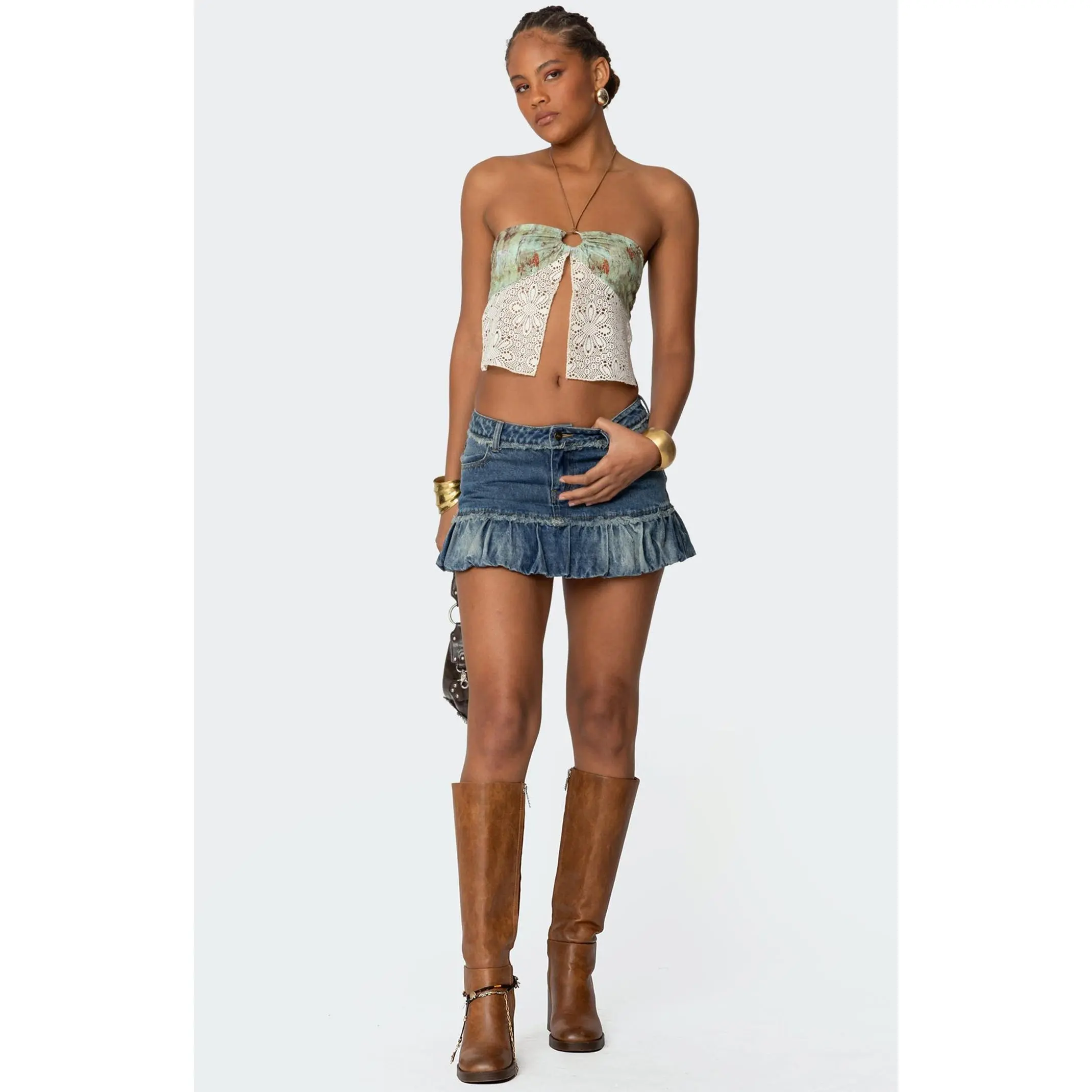 Edikted Women's Bubble Hem Denim Mini Skirt - Multicolor