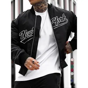 Men’s regular-fit bomber jacket with letter print, pocket, and zipper; casual long-sleeve outerwear with a baseball collar for daily wear (1 piece); fashionable men’s clothing suitable for all seasons