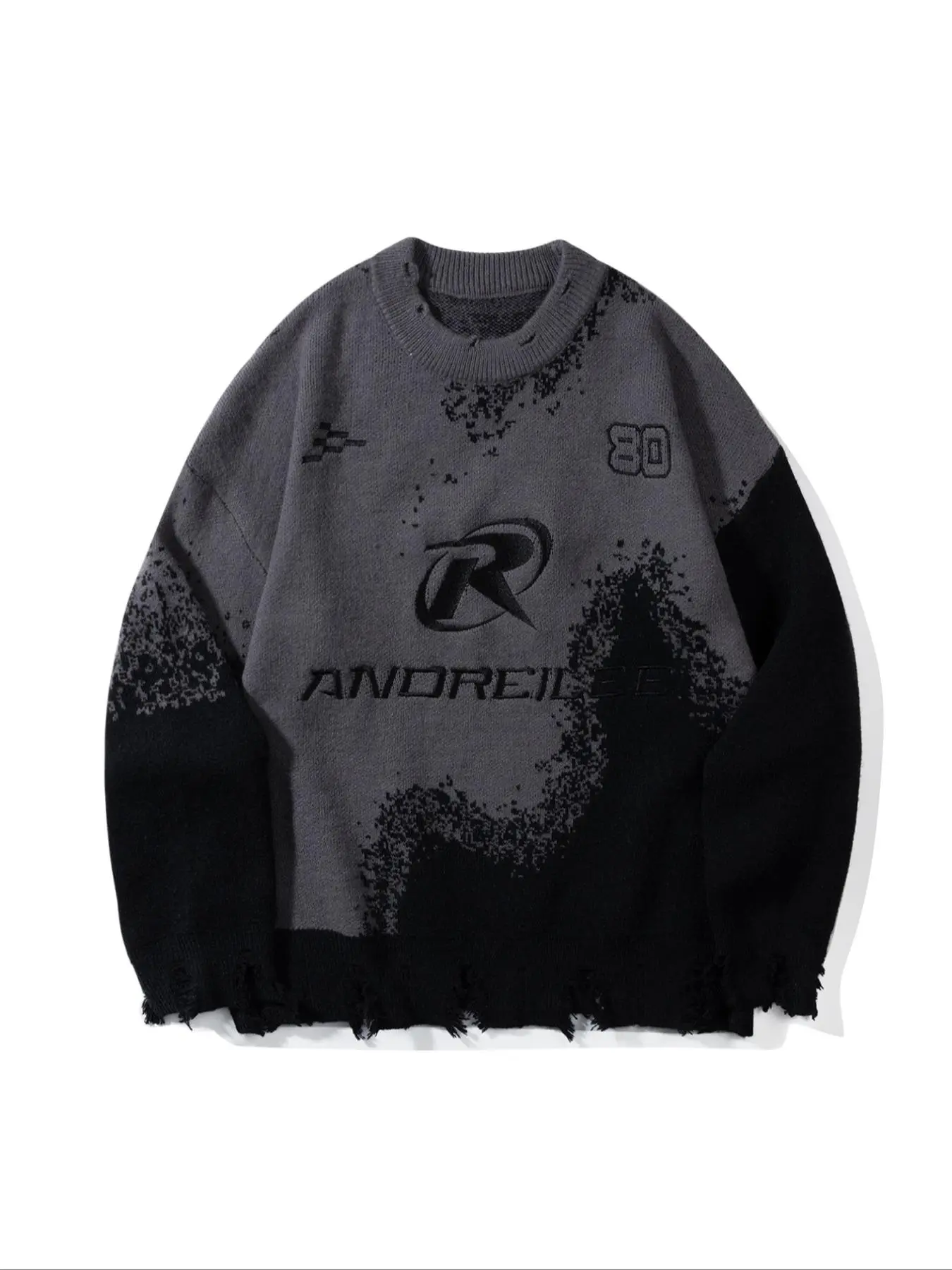 Men's Letter & Figure Pattern Ripped Hem Design Acrylic Sweater, Loose Casual Drop Shoulder Long Sleeve Round Neck Crewneck Pullover Jumper for Spring & Fall, Fashion Men's Knitwear Tops for Daily Wear, Menswear