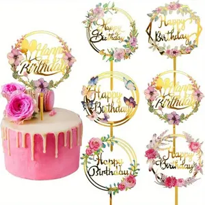 Acrylic cake toppers in an INS (Instagram-inspired) style, featuring flower designs printed via UV color printing; “Happy Birthday” dessert decorations; plug-in cross-border set; four-piece pastry decorative kit; colorful ornaments