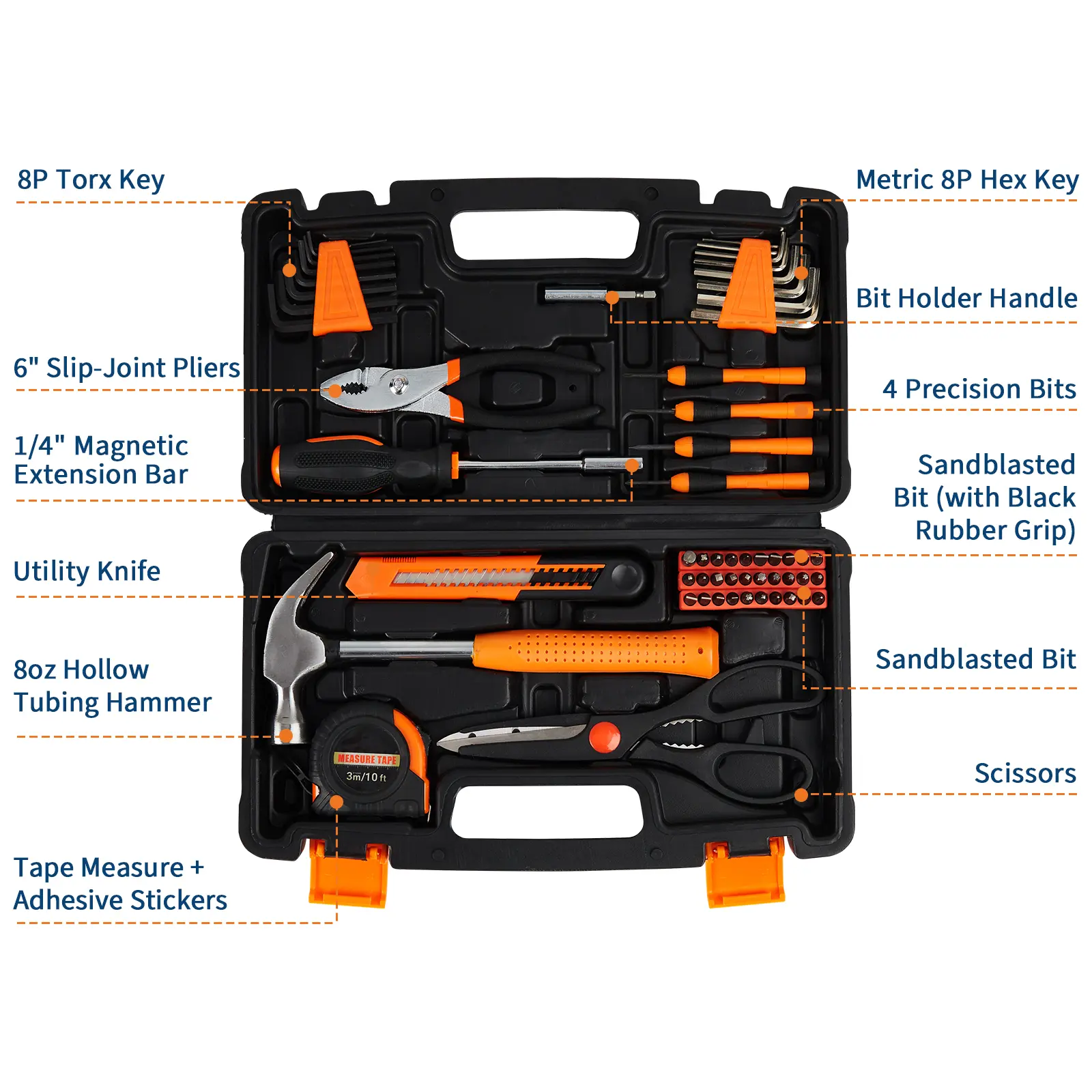 Home and Auto Repair Hand Tool Set, Heavy Duty Kit with Screwdrivers, Hammer, Wrenches, Tape, Durable Plastic Storage Case for DIY Maintenance and Small Machinery