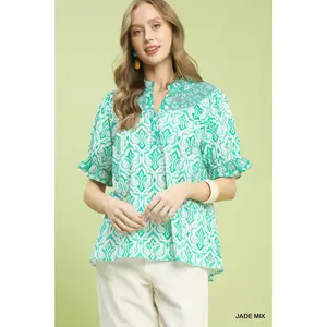 Umgee Mix Boho Puff Sleeve Smocked Top