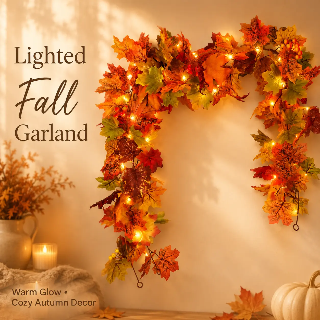 Fall Maple Leaf Garland with LED String Lights (Batteries Not Included), 5.9 FT Artificial Autumn Garland for Mantel, Fireplace, Doorway, Stair Railing, Indoor Outdoor Thanksgiving Halloween Home Decor, Orange