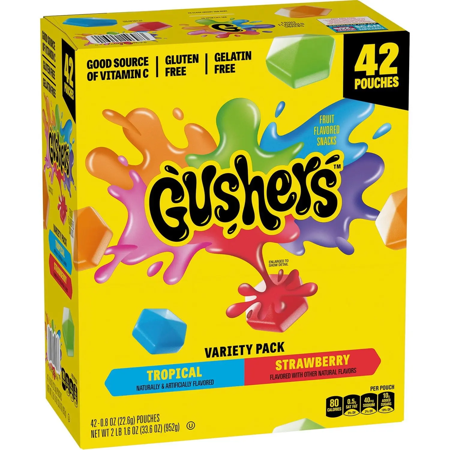 Gushers Strawberry & Tropical Variety Pack Fruit Snacks, 0.8 oz Pouches (42 Count) – Juicy Filled Chewy Candy, Gluten-Free Kids Snacks, Lunchbox Treats & On-the-Go Snack Pack