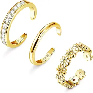 CASSIECA 3PCS Toe Rings Adjustable 14K Plated Gold Filled Toe Ring Set Open Band Simple CZ Daisy Flower Toe Rings  Summer Beach Foot Jewelry for Women