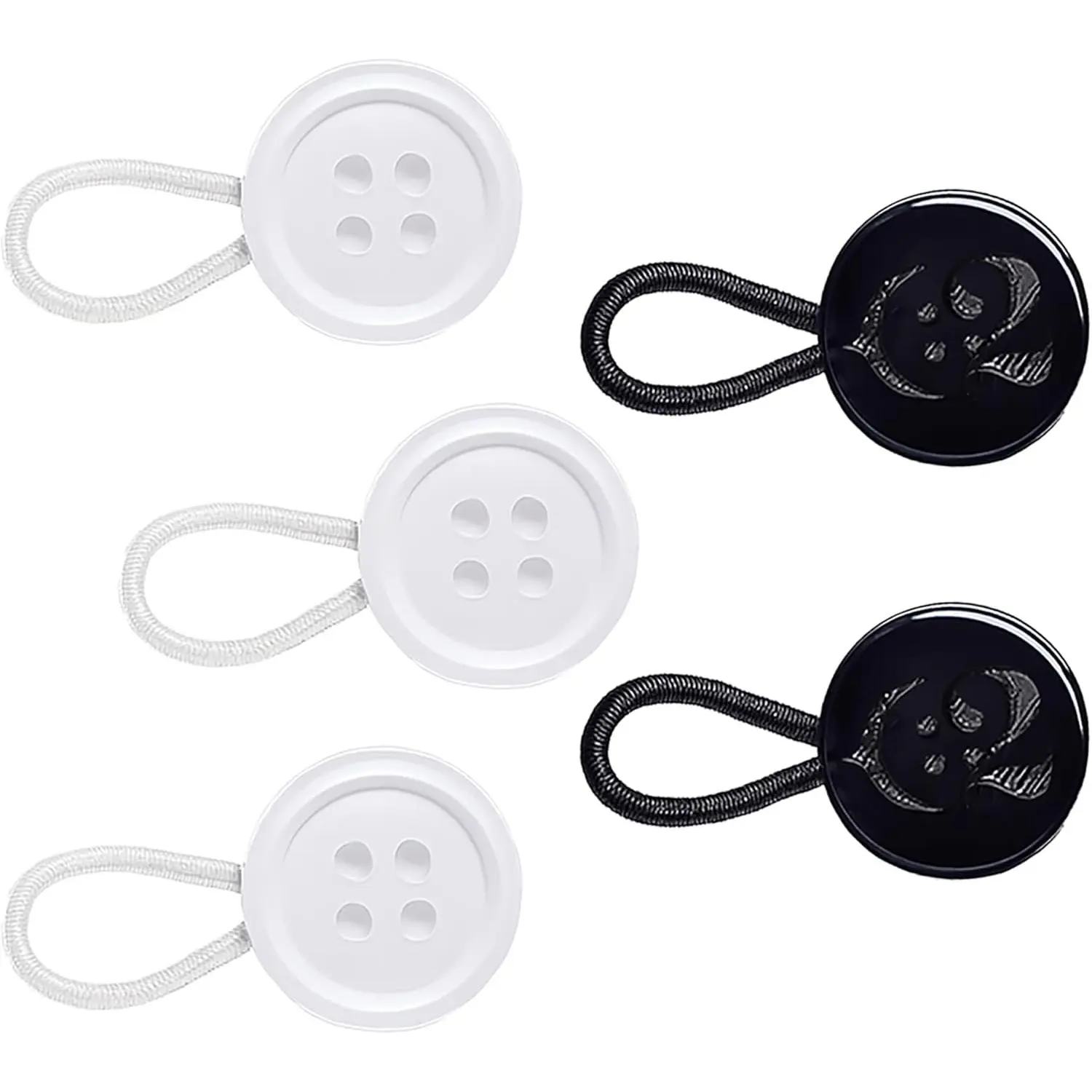 5 count  Sizes Shirt Button Extenders White & Black - Adds up to 3 sizes (1.3cm to 2.5cm) 10mm Diameter Buttons (16L) - Elastic Cufflink and  Button Extensions (Small, Medium, Large)