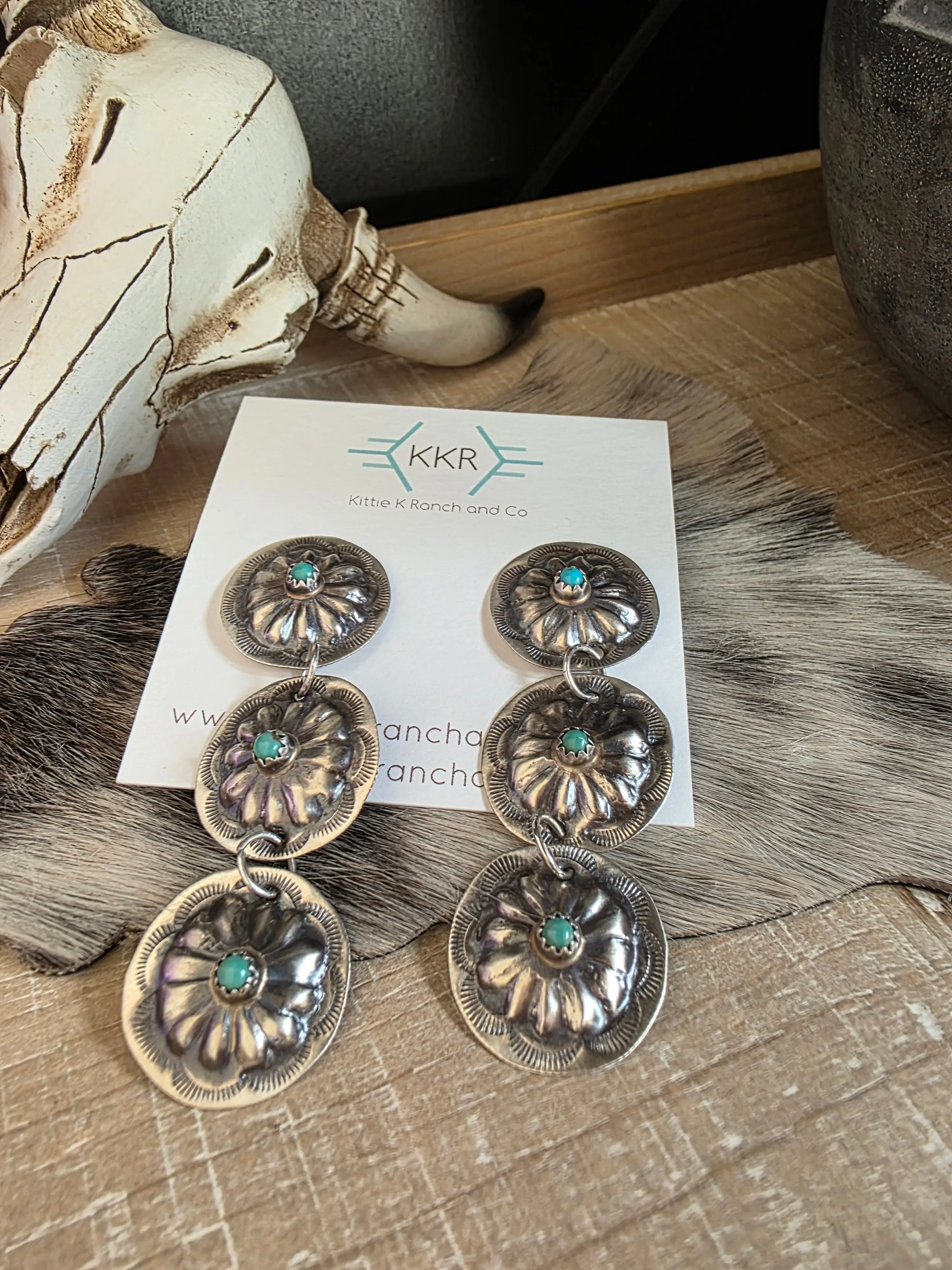 JOAN BEGAY TURQUOISE CONCHO DANGLE EARRINGS