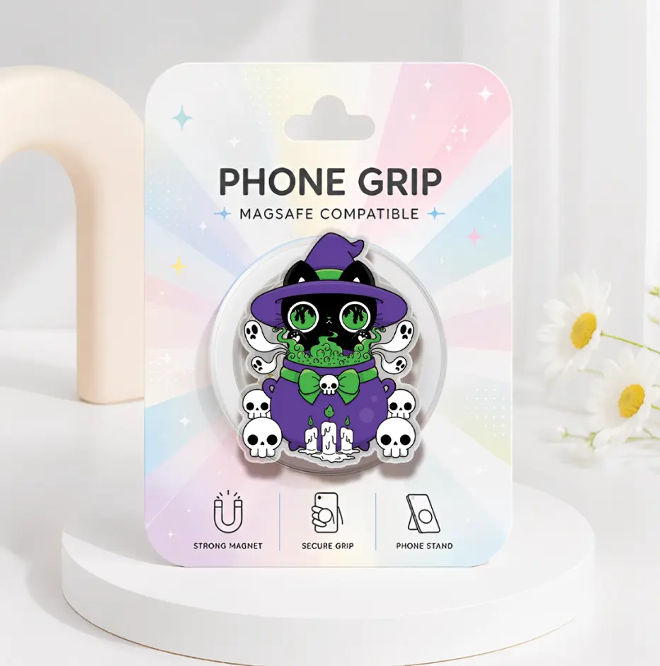 Witchy Black Cat Magsafe Phone Grip, Cute Cauldron Acrylic Kindle Grip, Spooky Season Gift, Cute Skull Phone Accessories, Creepy Kindle Holder, Kawaii Halloween Gift
