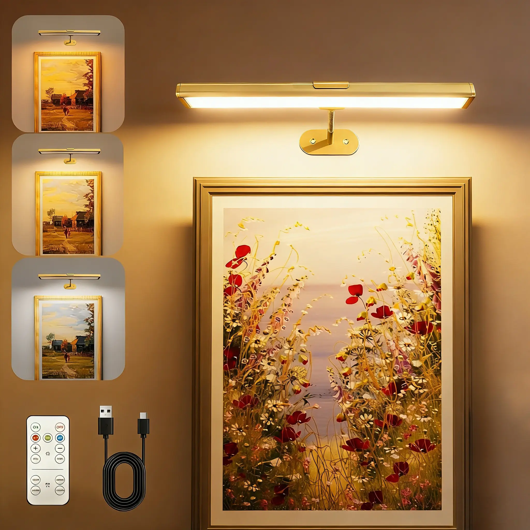 14 Inch USB Rechargeable Picture Light with Remote Control, Adjustable Light, 3 Color Temperatures Wall Lamp for Art Painting, Gallery, Portrait Lighting, Indoor Room Lights, Electronic Lights