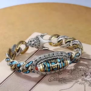 Men's Premium Tibetan-Style High Quality Bracelet - Natural Turquoise Bangle/Anklet, 9-Eye Bead, 6-Syllable Mantra Carved Rotating Design, Smooth Rotatable Mechanism, Durable Skin-Friendly Spiritual Accessory