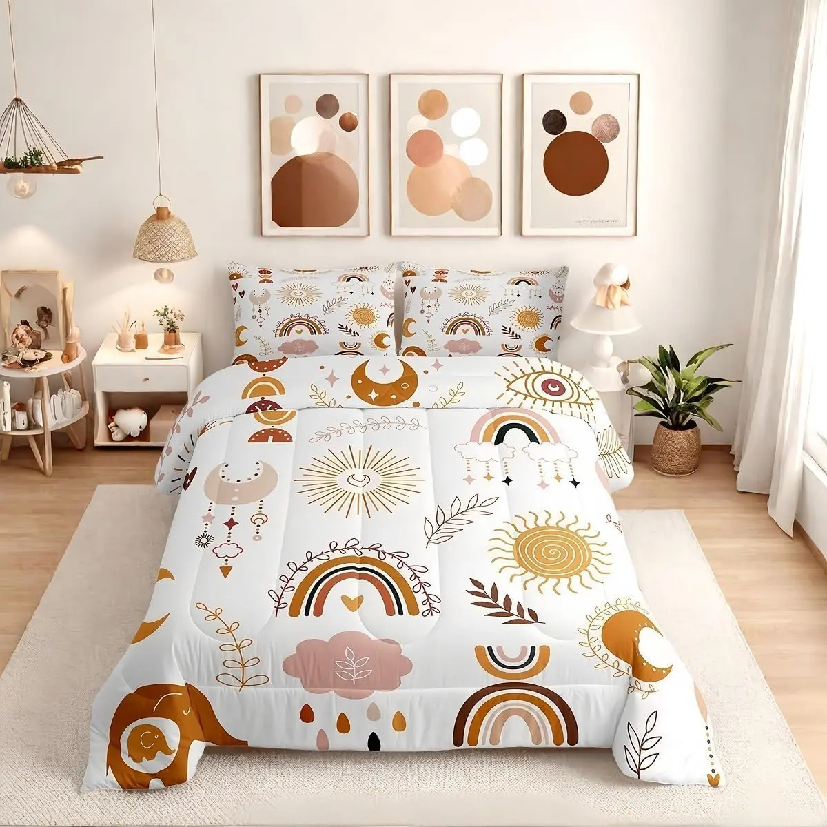 Feelyou Boho Rainbow Blanket Bedding Set - Cute Blanket Cover Duvet Set with Hand-Drawn Doodle Eyes, Moon, Sun, Cloud, Dream Catcher, Lightweight Warmth, Multi-Size Options for Bedroom Decor