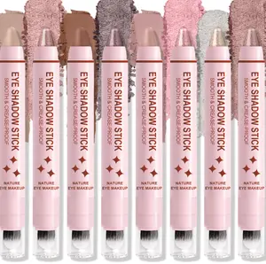 8Pcs Eyeshadow Stick, Eye Brightener Stick Built-in Blender Brush, Shimmer Creamy Eye Shadow Makeup, Waterproof Long Lasting Glitter Highlighter Eye Liner Pencil (8PCS A)