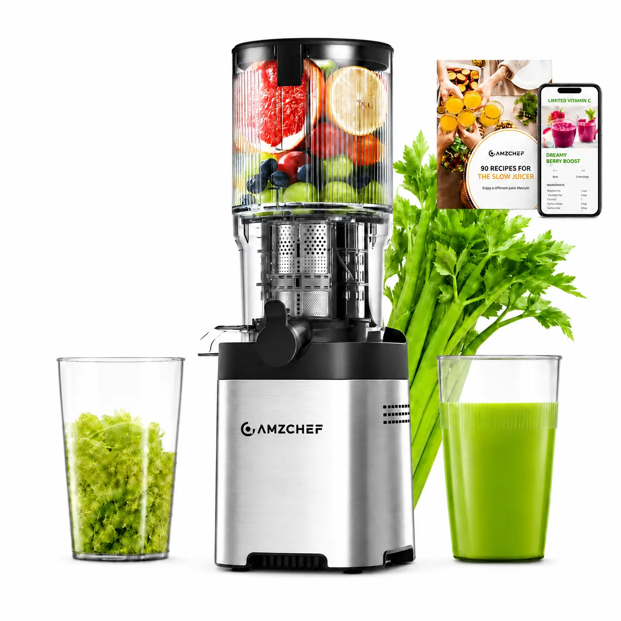 AMZCHEF 4.8-Inch Wide Feed Chute Cold Press Juicer, Slow Masticating Juicer for Fruits & Vegetables, No Cutting Needed, Easy Clean, Anti-Drip, Reverse Function