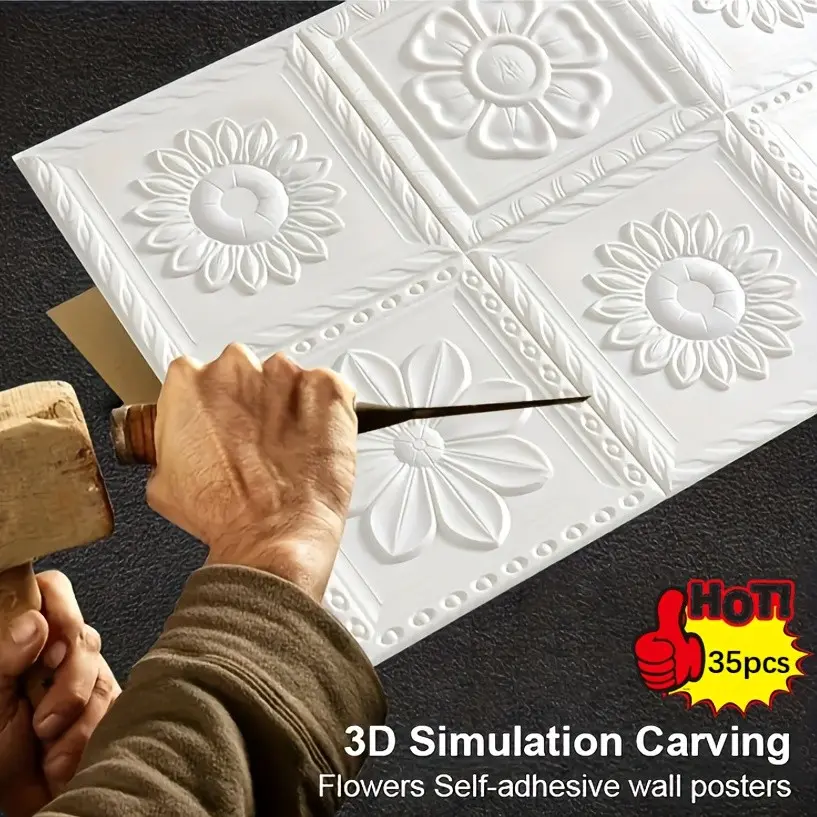 35pcs Self-Adhesive Wall Panels, 3D Floral Wallpaper Stickers, Indoor Wall Decor, Bathroom Wall Tiles, Plastic Ceiling