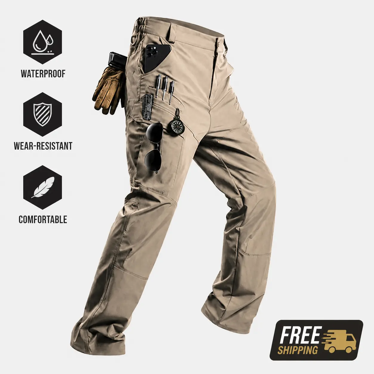 Men’s tactical pants, slightly stretchy waterproof fabric, single pack, durable hard shell construction, wear resistant cargo pants, plaid fabric, suitable for hiking, casual wear, and work, multi pocket design (belt not included).