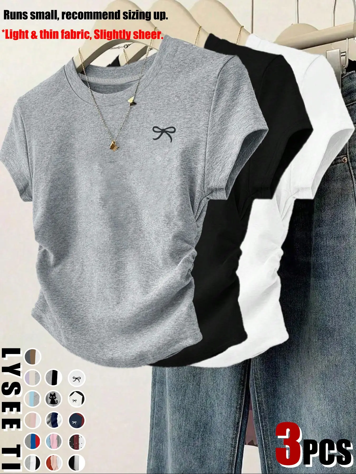 3pcs/1pc women's casual fashion slim fit small bow print details simple solid color pleated pullover shirt women's round neck short sleeved T-shirt Tops
