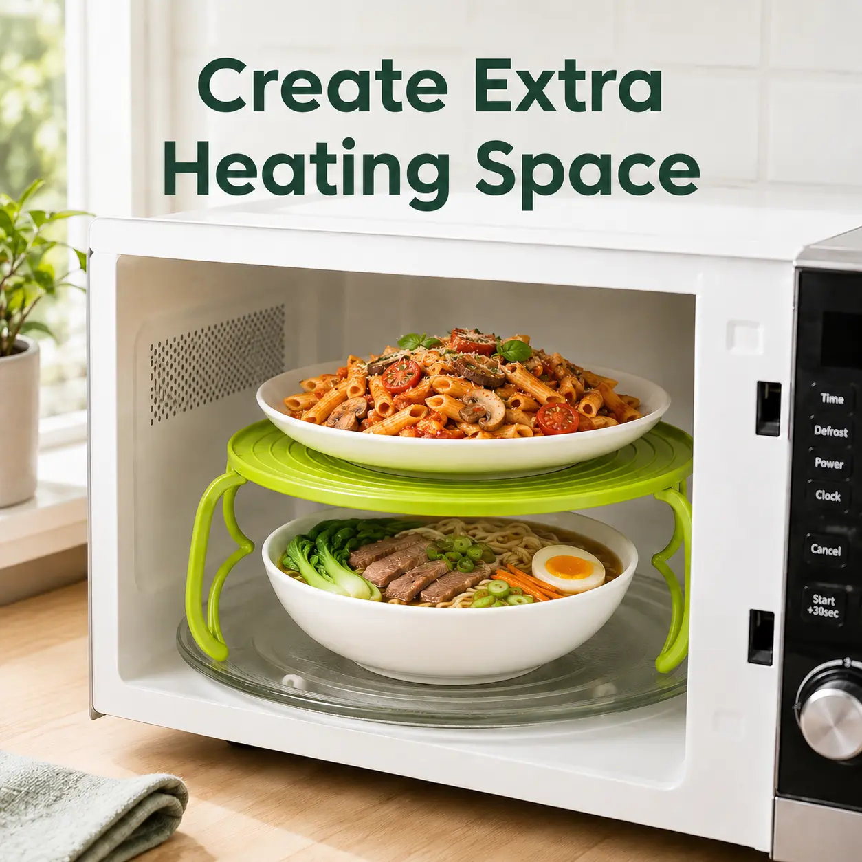 Foldable Microwave Steamer Rack with Cool-Touch Handles - Space-Saving Plate Stacker, Reusable Kitchen Organizer for Food Heating Trays, Plates & Bowls