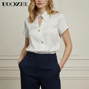 UOOZEE Women's New 2026 Elegant Satin Sheer V-Neck Shirt, Hollowed Notched Collar Short Sleeves T-shirt Buttoned Commuter Blouse for Office Ladies()