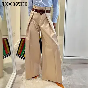 UOOZEE Women's 2025 New Spring Autumn Office Ladies No Belt Folded Back Elastic High Waist Wide Leg Pants Fashion Solid Color Pleated Loose Urban Casual Commute Trousers