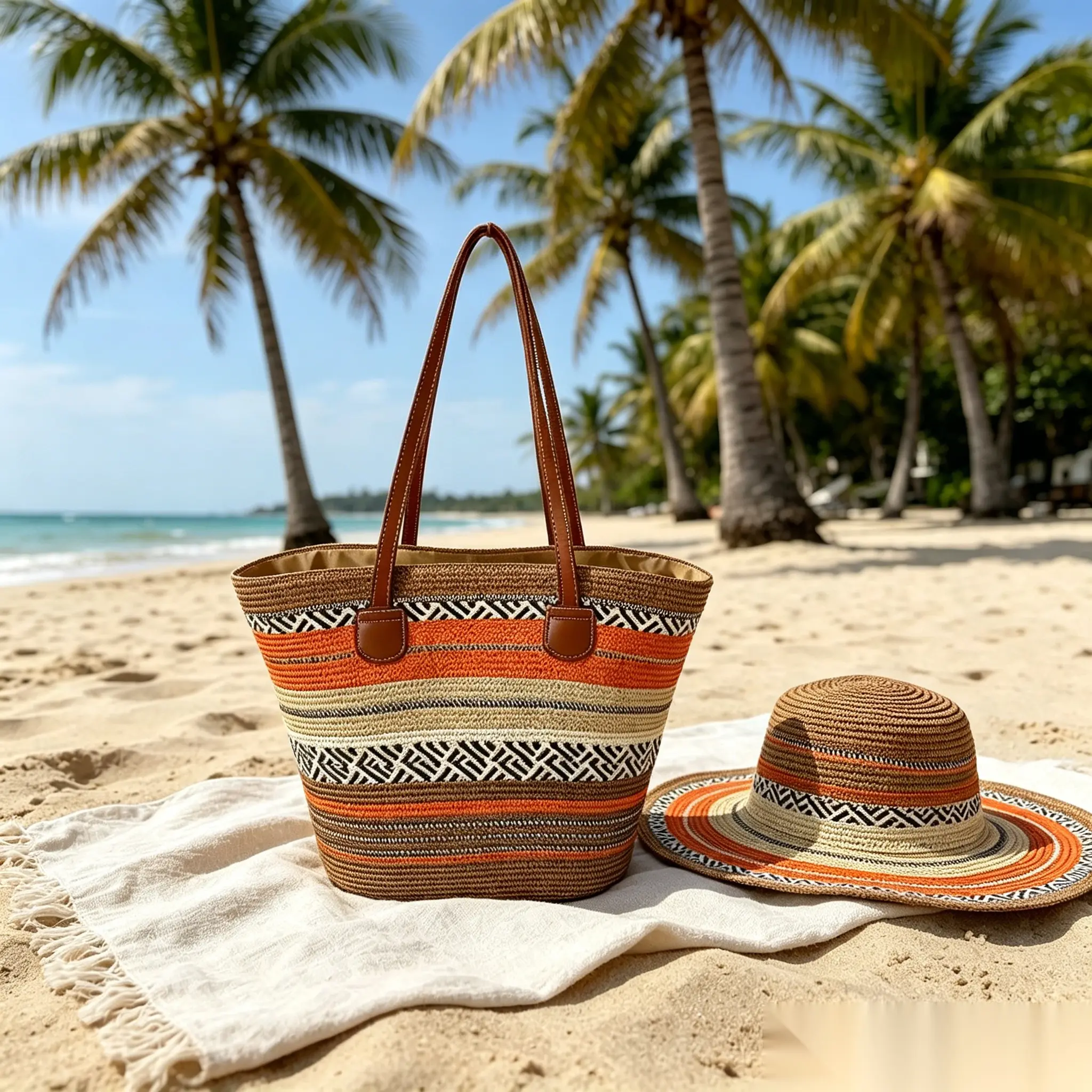 Women's 2-Piece Bohemian Plain Weave Tote Bag & Sun Hat Set, High-Capacity Double Handle Casual Shoulder Bag, Lightweight Versatile for Easy Beach Packing & Holiday Use