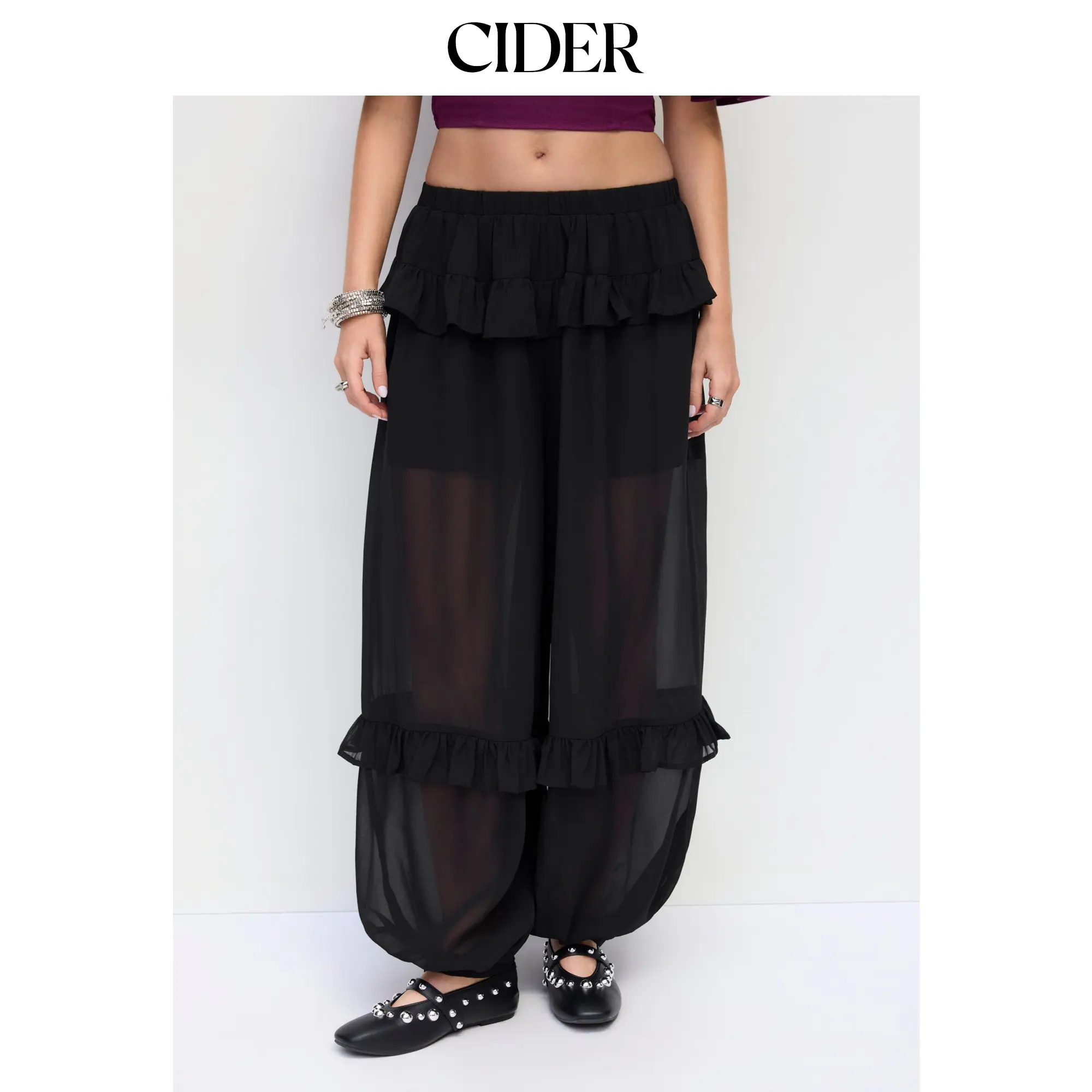 Cider Chiffon Low Rise Elastic Waist Tiered Ruffle Jogger Trousers