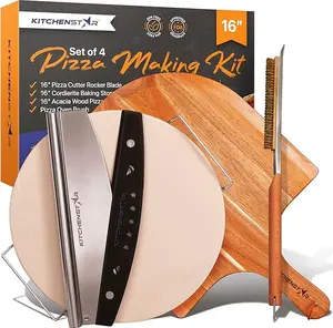 16" Pizza Making Kit (Set of 4) - Cordierite Pizza Stone with SS Rack, Acacia Wood Pizza Peel, Stainless Steel Pizza Cutter Rocker w Protective Cover, Oven Metal Brush w Scraper