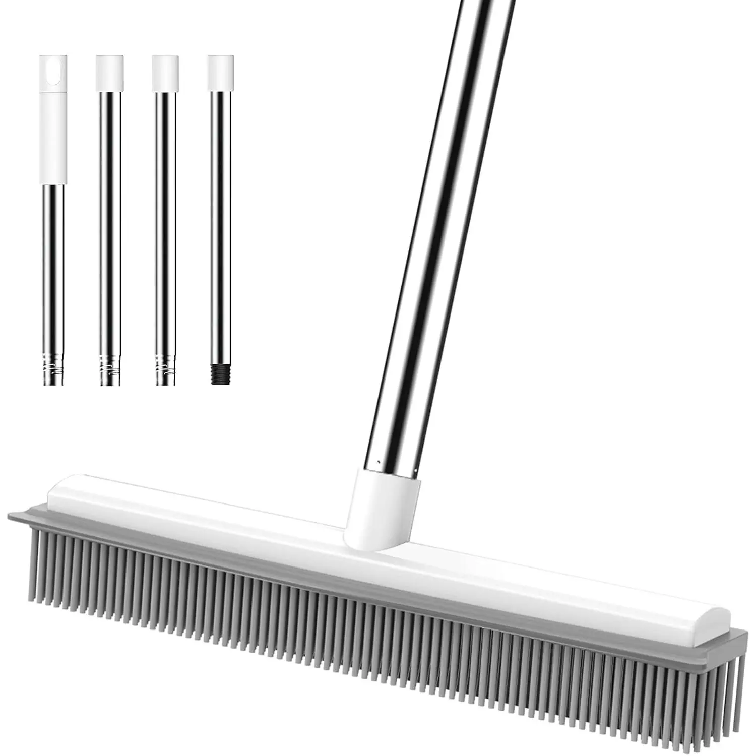 nacena Rubber Broom, 2 in 1 Pet Hair Removal Broom with Squeegee 51-in Adjustable Long Handle Carpet Broom for Cleaning Carpet Hardwood Floor Tile Window, Grey&White