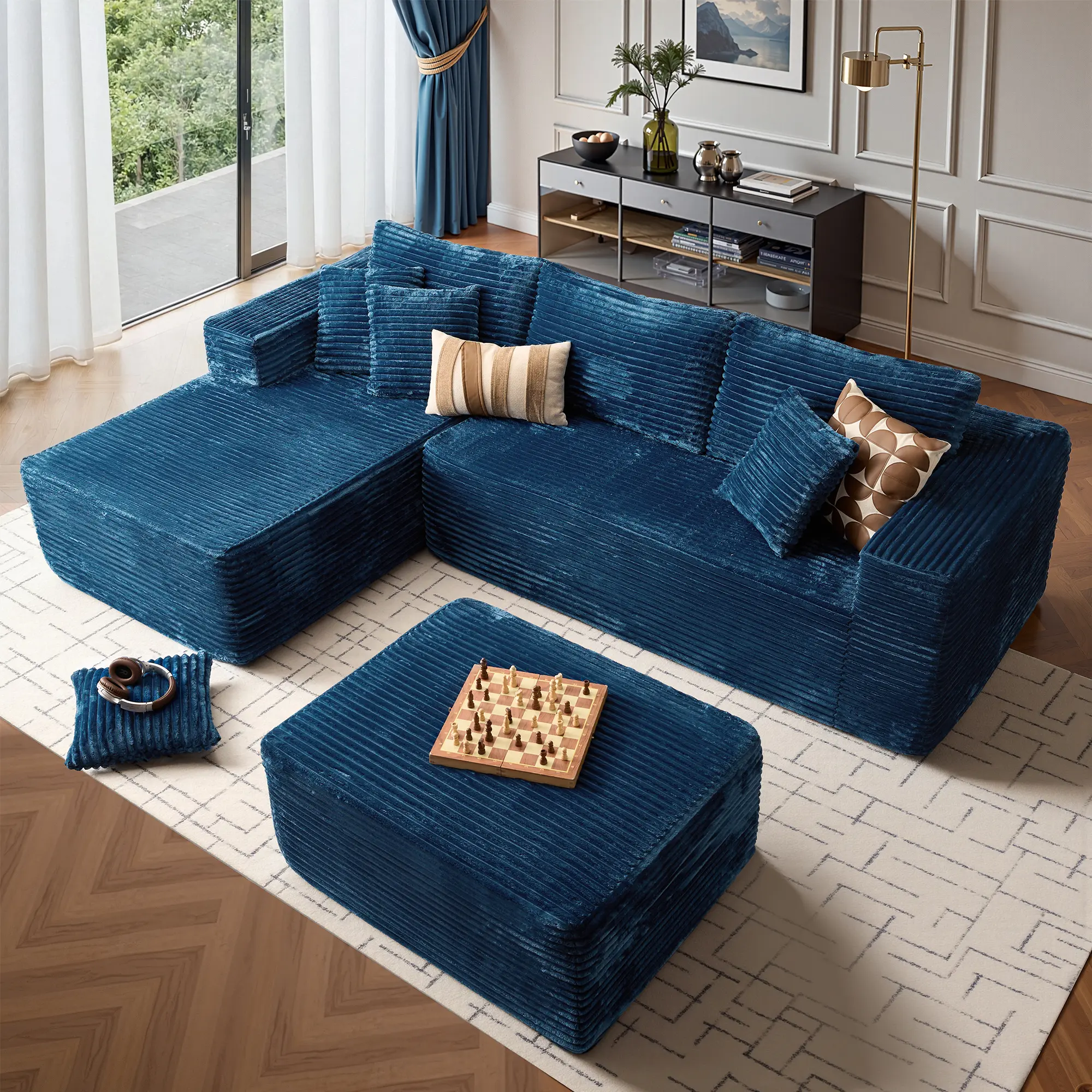 Blue Left-Chaise Sofa with Ottoman